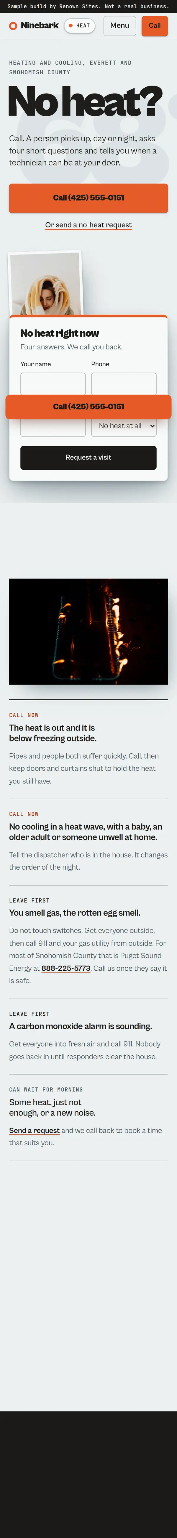 Ninebark Heating sample site scrolling on a phone
