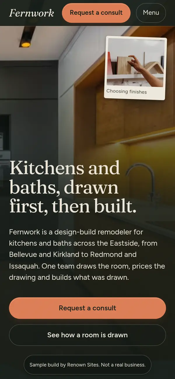 Fernwork Remodel sample site: a dark kitchen photograph with a request a consult button